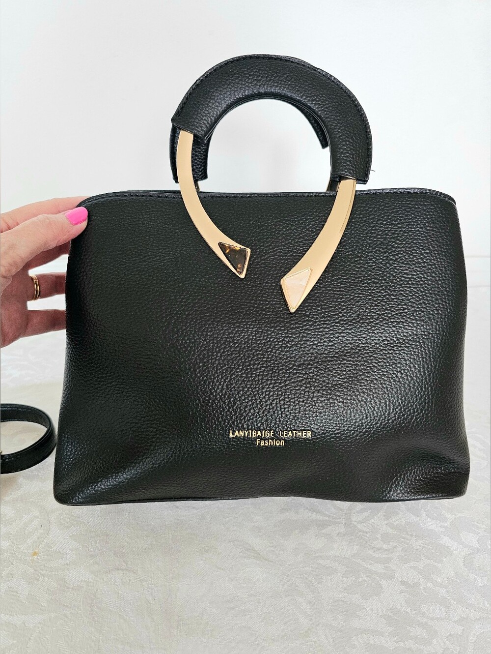 LANYIBAIGE Black Leather Top-Handle Tote with Gold Accents - Brand New!